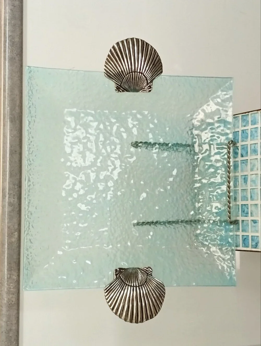 Like New Aqua Tempered Square Glass Serving/Display Tray w/ Silver Shell Handles